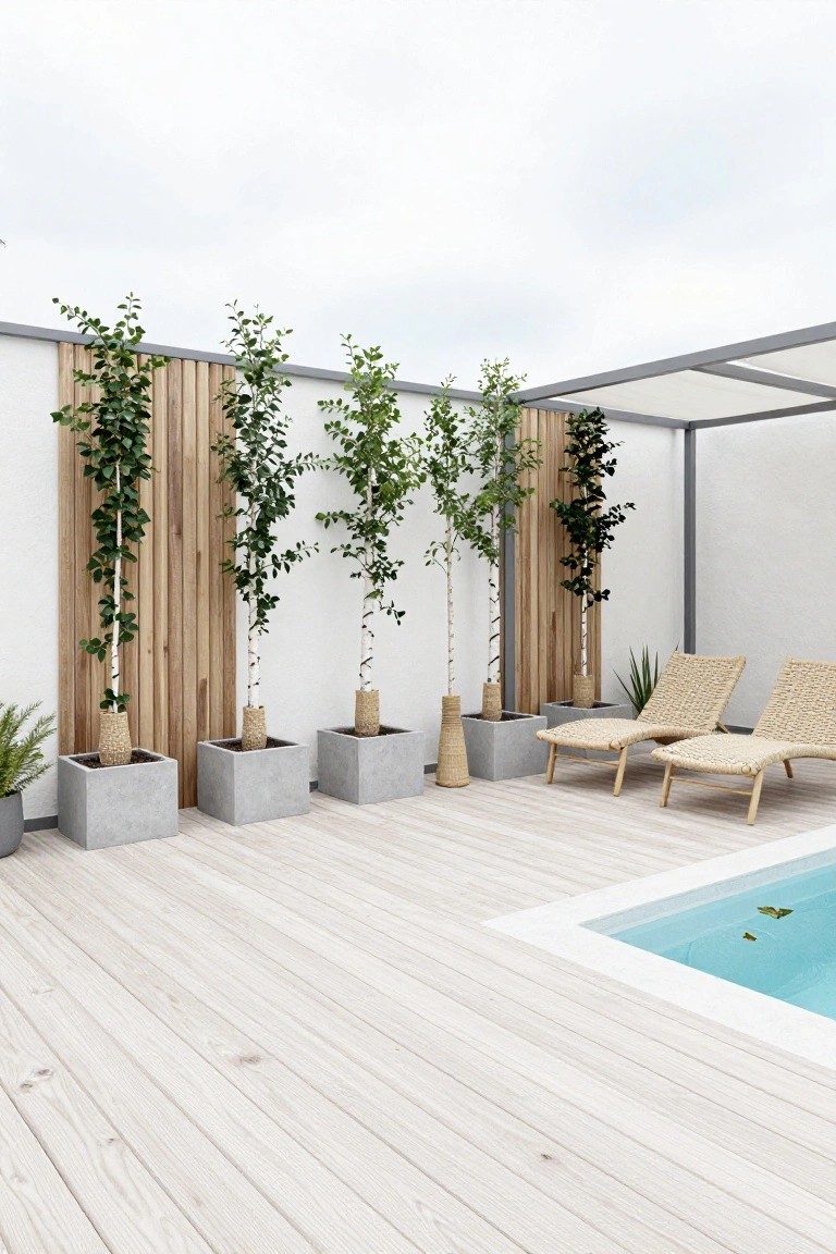 Outdoor pool deck with white woven loungers, tall birch trees in gray concrete pots lined against a white wall with vertical wood slats, under a gray pergola structure, adjacent to a small turquoise pool.