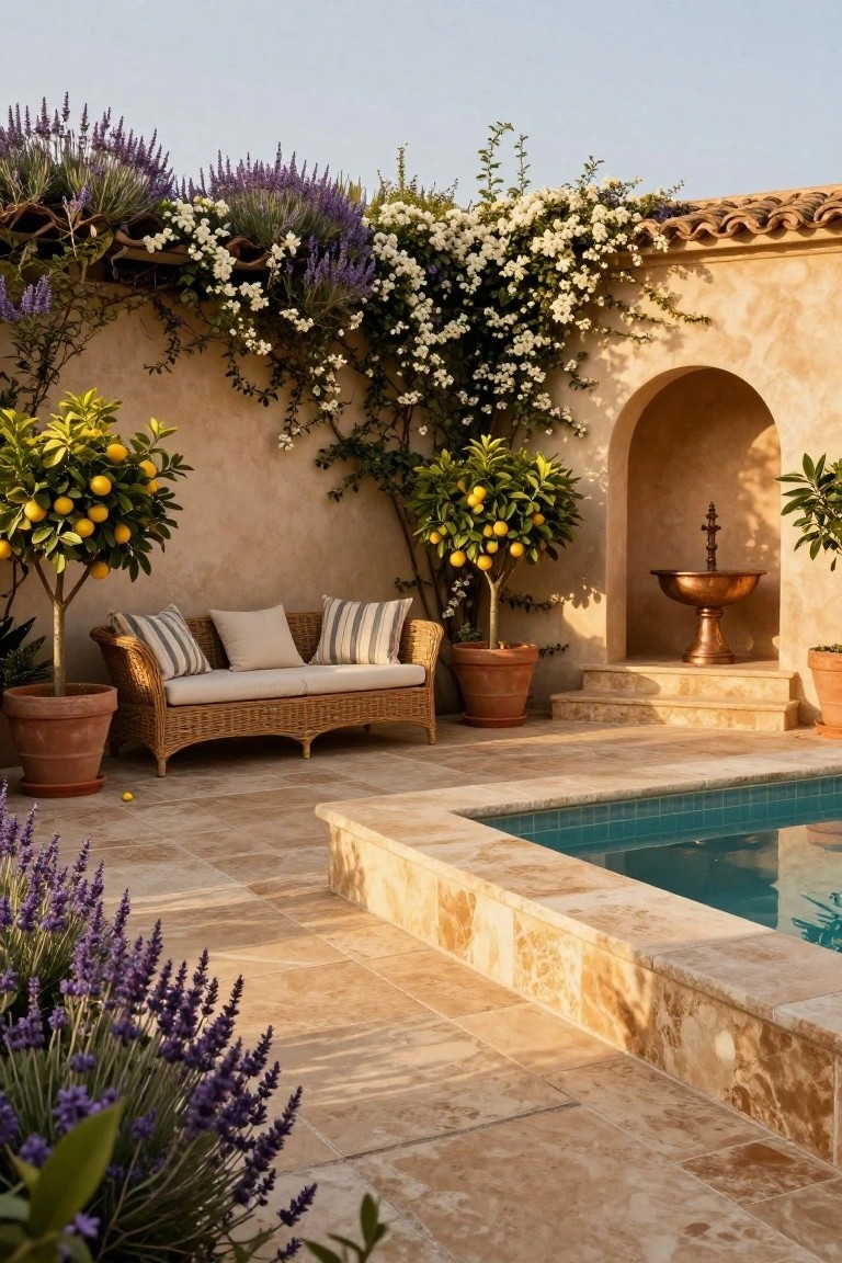 Wicker loveseat with cushions between two potted lemon trees on terracotta patio by turquoise pool, beige stucco wall covered in lavender and white climbing flowers with arched niche containing copper fountain.