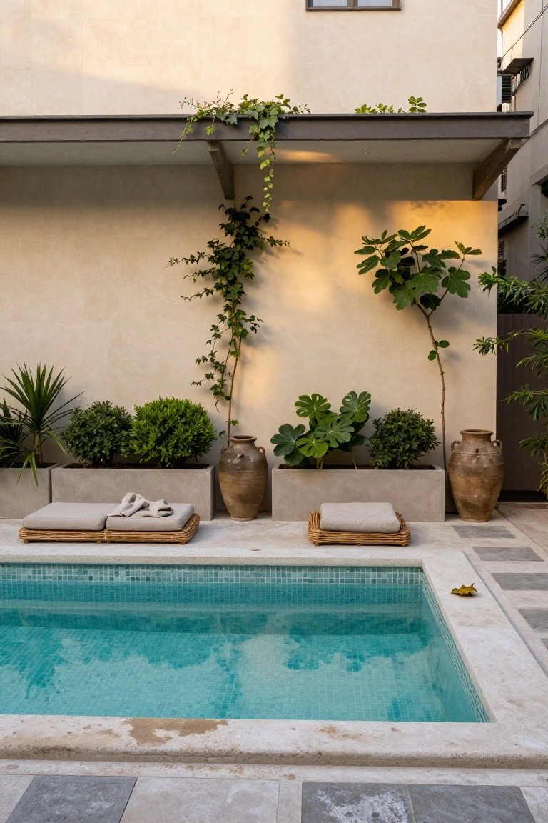 Small turquoise mosaic-tiled plunge pool in a courtyard with beige walls, large terracotta pots holding tall plants like ficus and monstera, rattan daybeds on stone bases, ivy climbing walls and overhead structure, potted shrubs nearby.