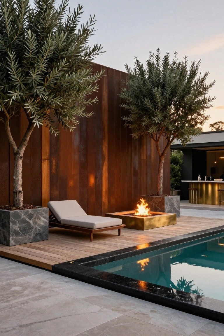 Poolside wooden deck with beige adjustable lounger, square brass fire pit with flames, two large potted olive trees in gray stone containers against reddish brown vertical wood wall, adjacent to rectangular blue pool edged in black stone.