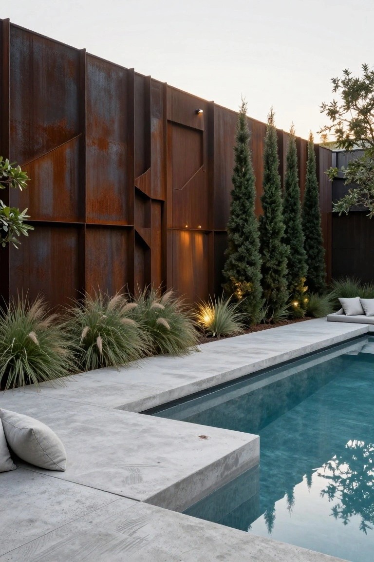 Pool area featuring a concrete deck with turquoise water, tall rusted metal privacy screens with cutouts, cypress trees, pampas grass plantings, low lights, and beige cushions along the edge.