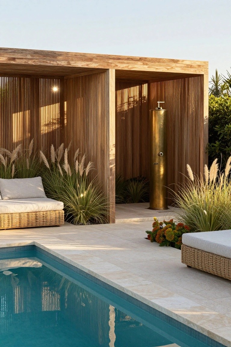Wooden slatted pavilion enclosing a tall brass outdoor shower beside a turquoise pool, with pampas grass, lounge chairs on rattan frames, and stone decking.