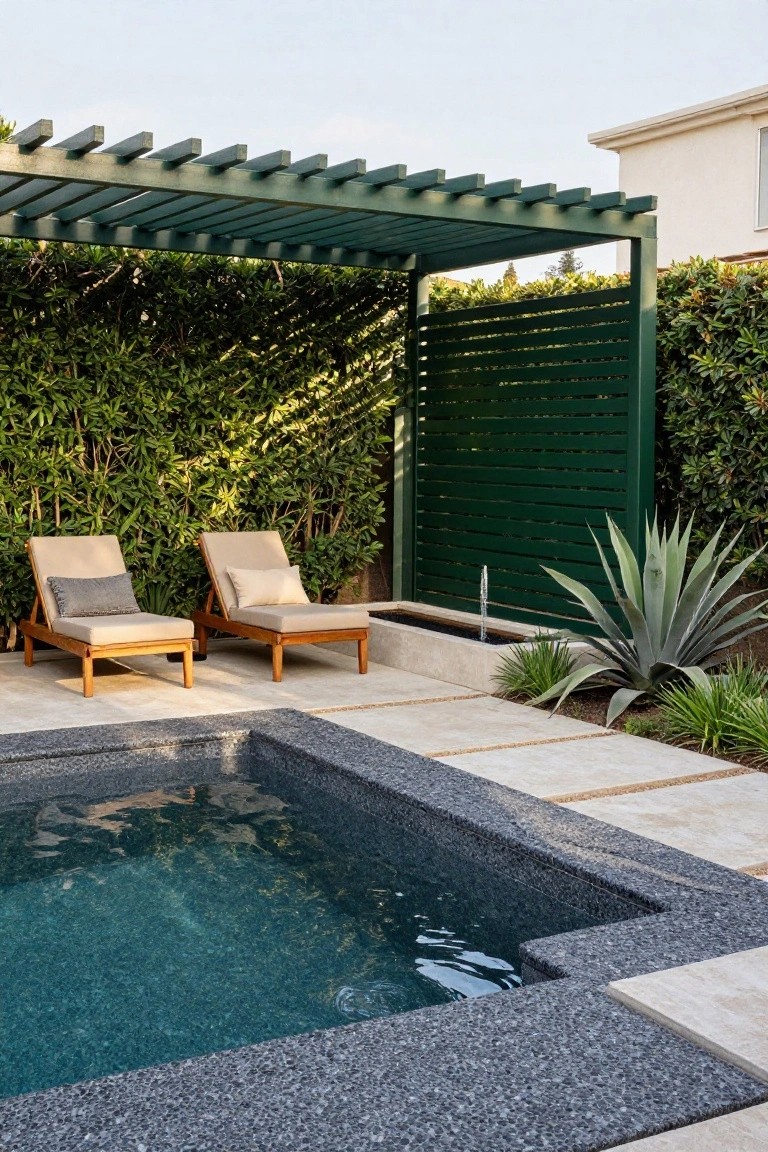 Small rectangular pool with dark pebble tile edges and light coping, two beige cushioned wooden lounge chairs under a green pergola, tall vertical green slatted privacy screen backed by dense green hedges, agave plants, and a fountain basin nearby.
