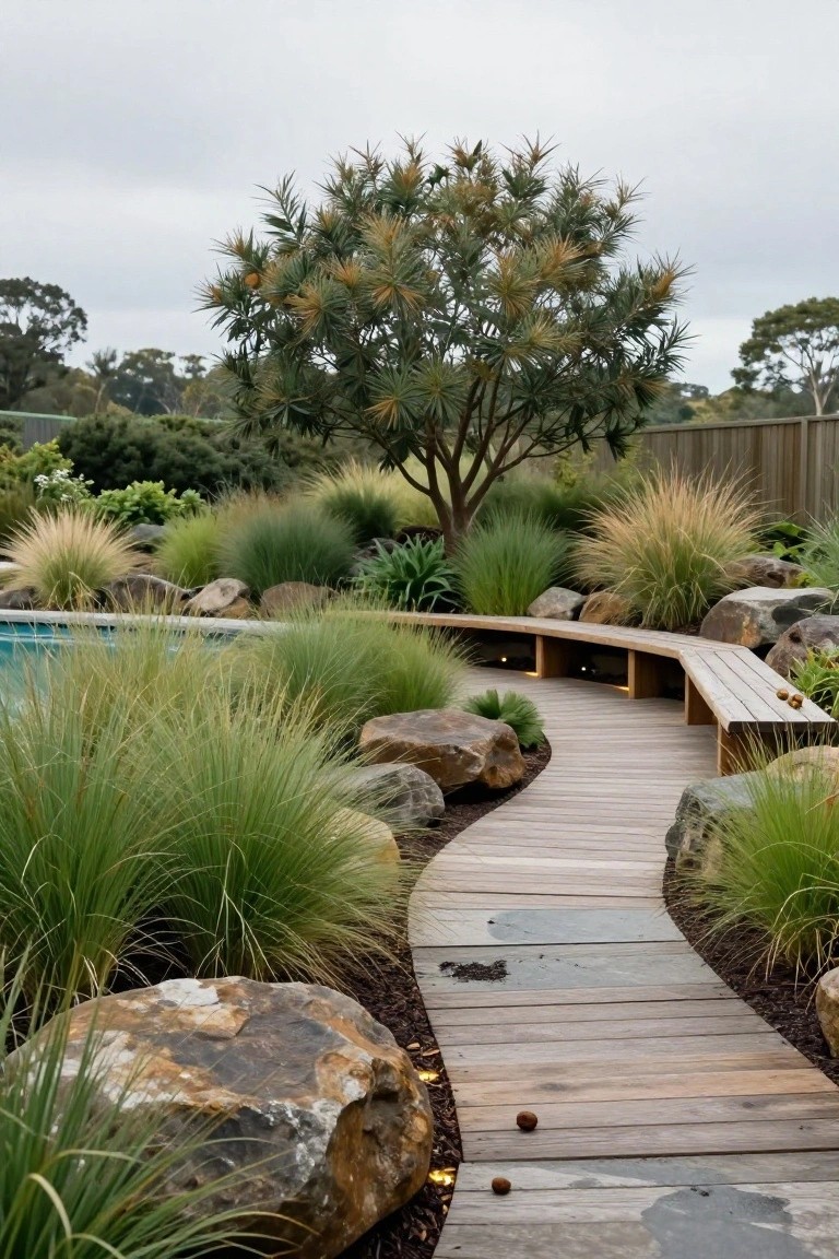 Curved wooden boardwalk path edged by tall ornamental grasses and large boulders leads alongside a rectangular pool toward a curved wooden bench.