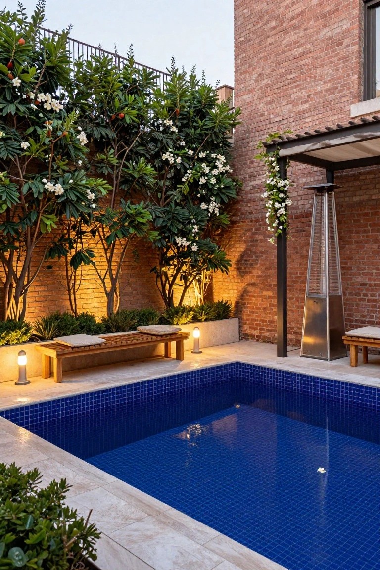Small rectangular blue mosaic pool in a brick-walled courtyard with tall frangipani trees along the walls, wooden benches, potted plants, and metal patio heater.