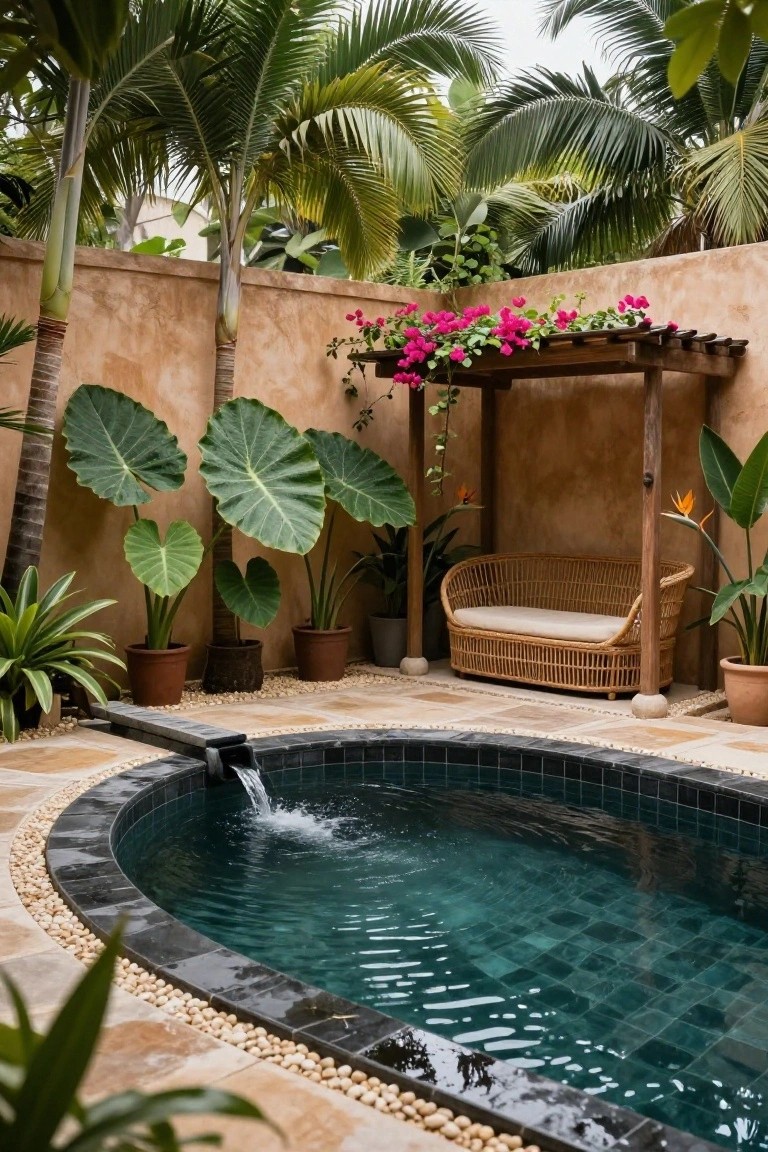 Small curved black-tiled plunge pool in a walled tropical courtyard with palm trees, large green elephant ear plants, a wooden pergola draped in pink bougainvillea over a woven bench, potted plants, and pebble borders on tiled paving.