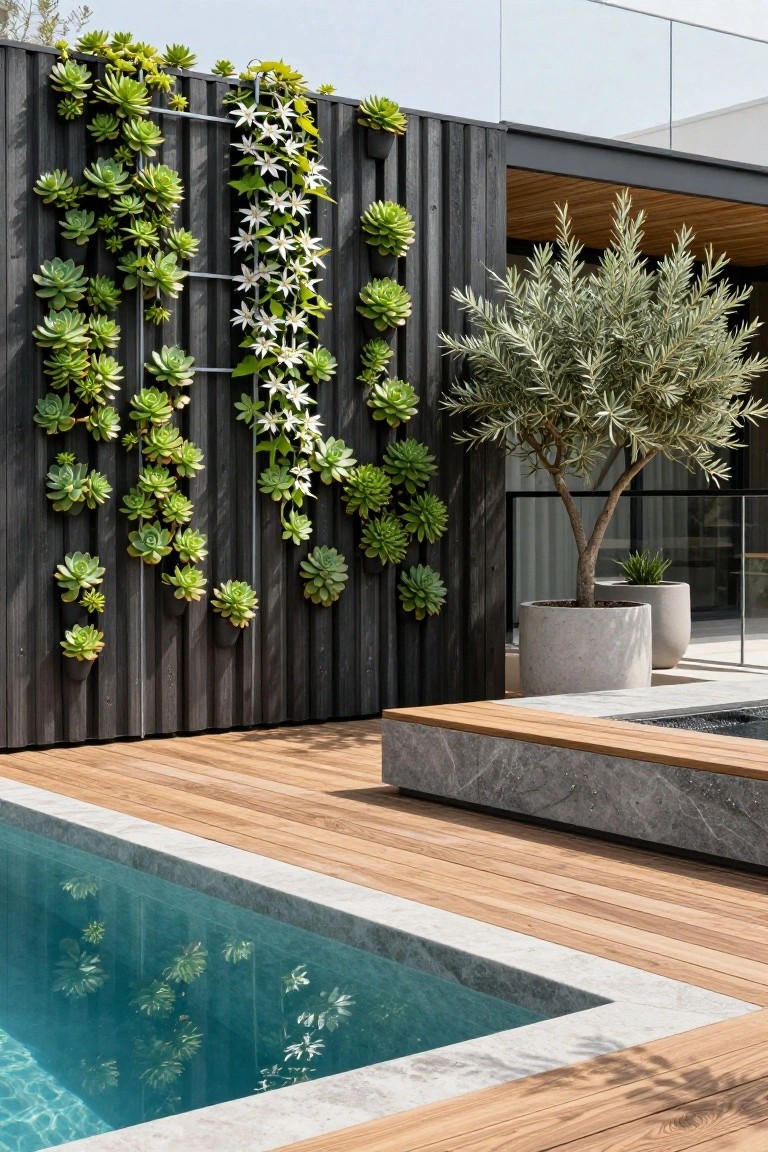 Black vertical wooden fence covered in green succulents and white flowering vine on metal trellis next to wooden pool deck, potted olive tree, marble bench, and turquoise pool with gray stone coping.