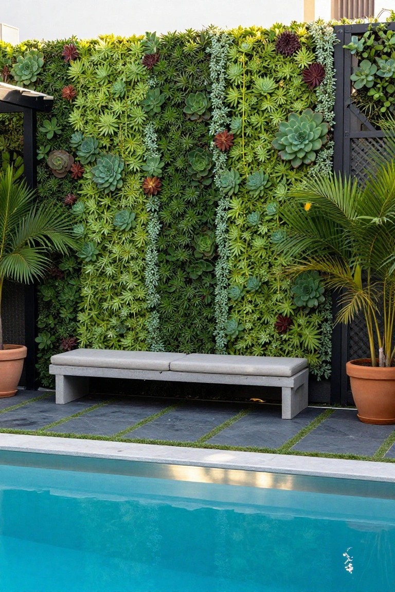 Tall vertical wall covered in various succulents and green plants next to a swimming pool, with a concrete bench, potted palm trees in terracotta pots, black metal fence, and dark tiled decking.