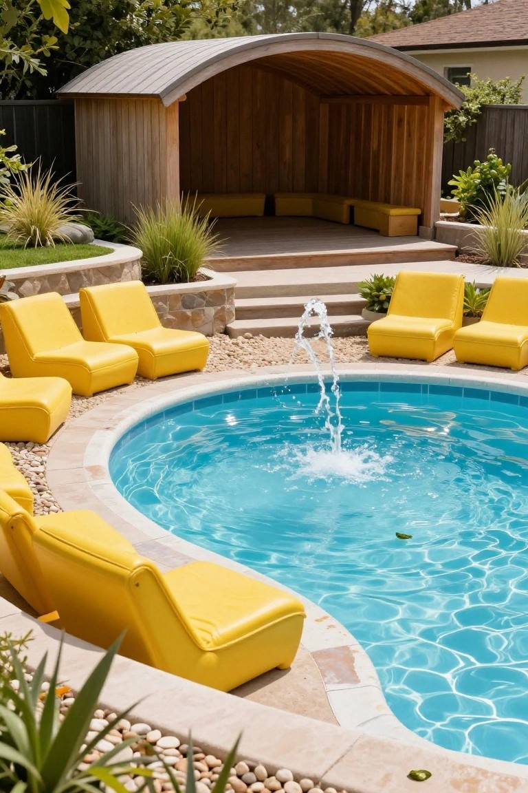 Curved blue inground pool with central fountain, surrounded by bright yellow modular lounge chairs on gravel edging, wooden open pergola nearby, and tropical landscaping.