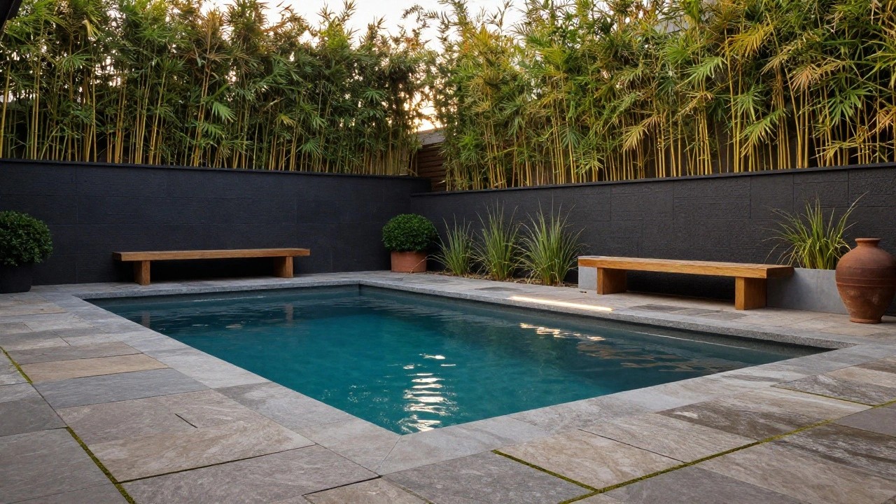 Narrow inground pool with turquoise water and dark slate tile surround, wooden bench along one edge, black walls with ornamental grasses and terracotta pot, tall bamboo screening in background.