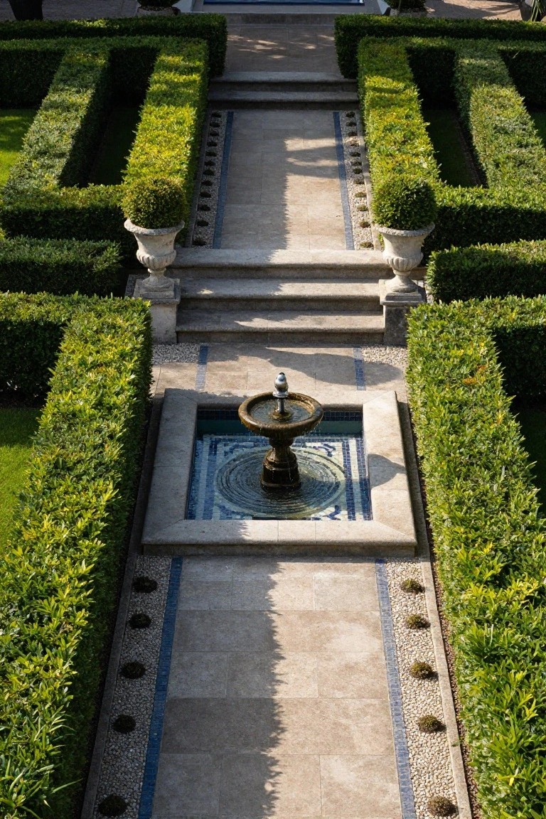 Overhead view of symmetrical clipped boxwood hedges forming geometric borders around a central stone fountain with mosaic tiles, flanked by a pebble-edged travertine path leading to steps.