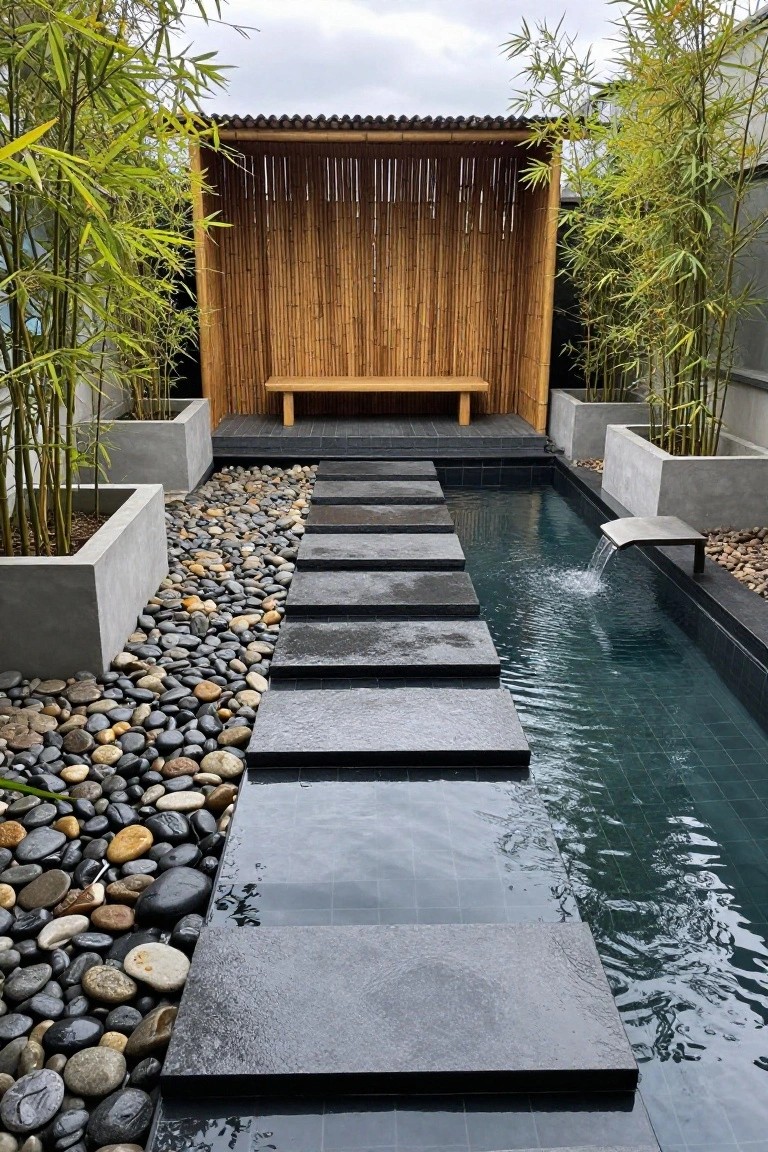 Narrow rectangular inground pool crossed by evenly spaced black rectangular stepping stones, edged with multicolored pebbles and surrounded by concrete planters of bamboo, with a wooden bench pavilion at the far end.