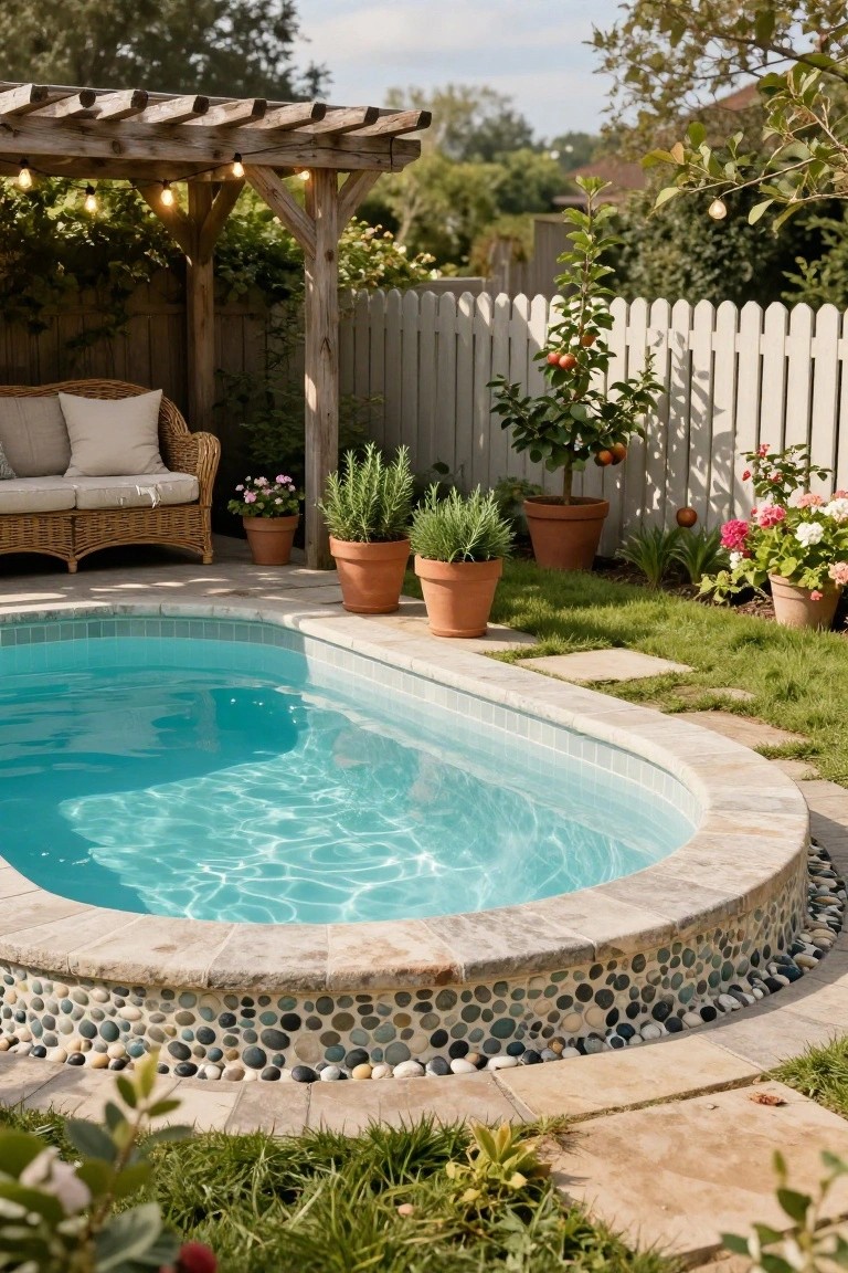 Curved turquoise inground pool with stone coping and colorful pebble mosaic border at the base, surrounded by potted plants, wicker sofa under wooden pergola with string lights, white picket fence, and lawn in a backyard garden.