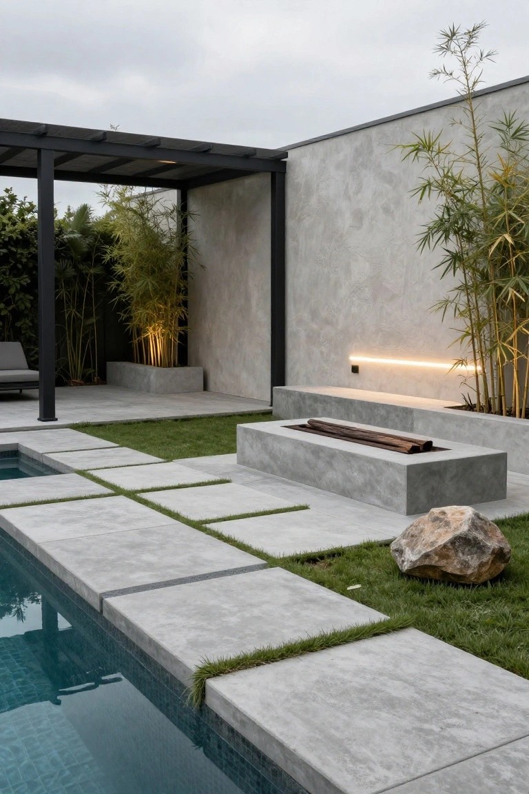 Backyard inground pool edged with gray concrete pavers and grass strips, featuring a linear concrete bench with built-in fire pit, bamboo plants, large rock, and adjacent pergola structure.