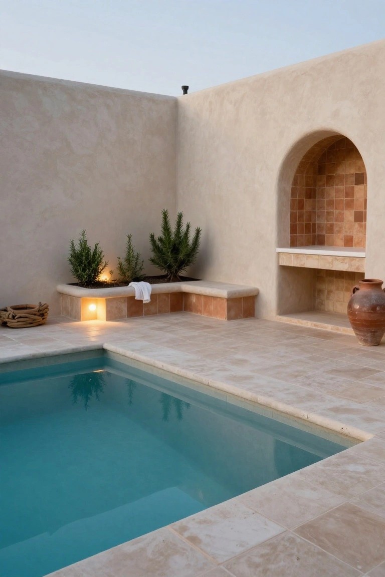 A small turquoise inground pool with beige travertine surround, corner built-in bench with integrated planters holding rosemary, soft corner lighting, white towel, woven basket, arched terracotta-tiled niche, and large terracotta pot nearby.