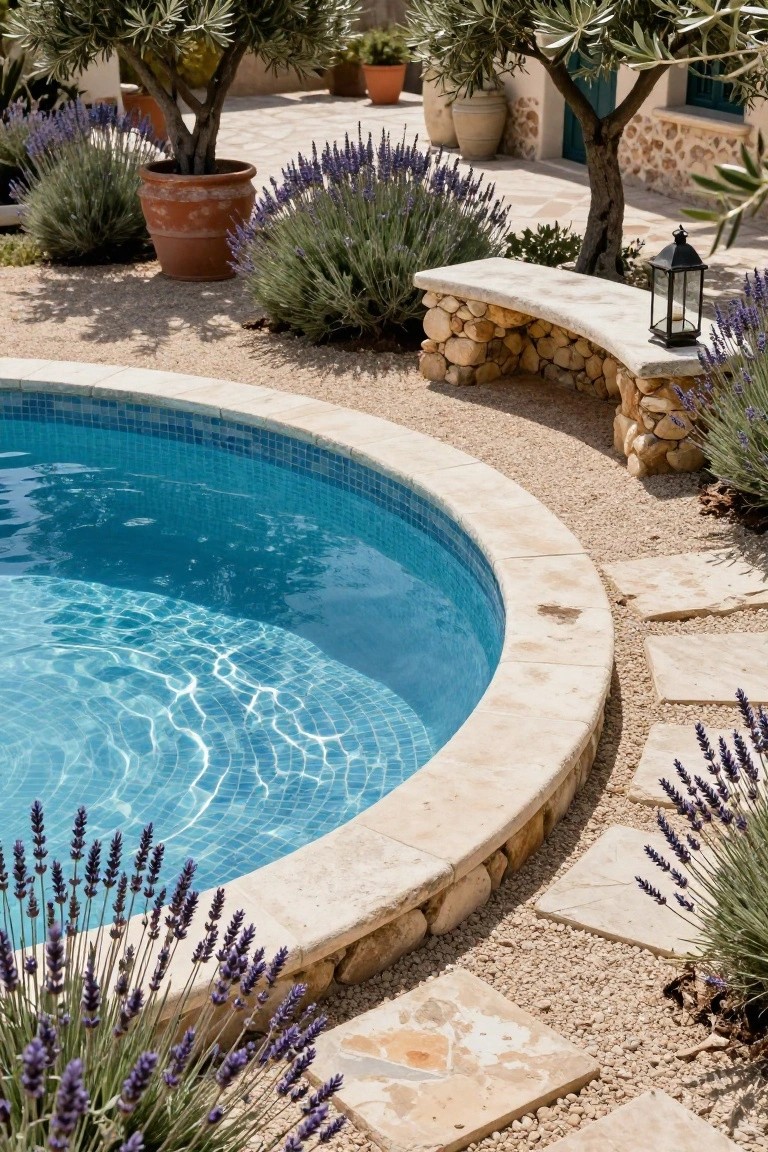 Curved inground swimming pool with blue tiles and beige stone coping edged by lavender plants, gravel ground cover, stone paths, olive trees, and a curved stone bench with lantern.