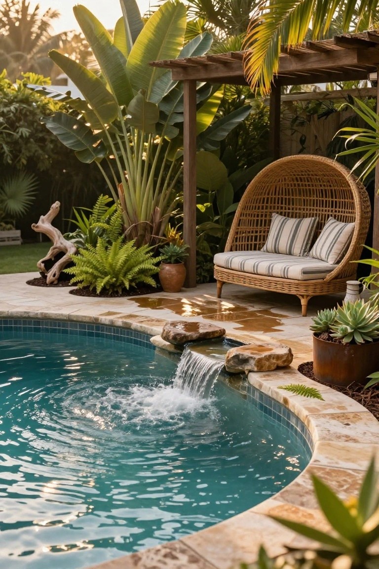 Curved turquoise inground pool with rock waterfall, surrounded by tropical plants like palms and ferns on stone decking, with a large rattan egg chair and cushions under a wooden pergola.