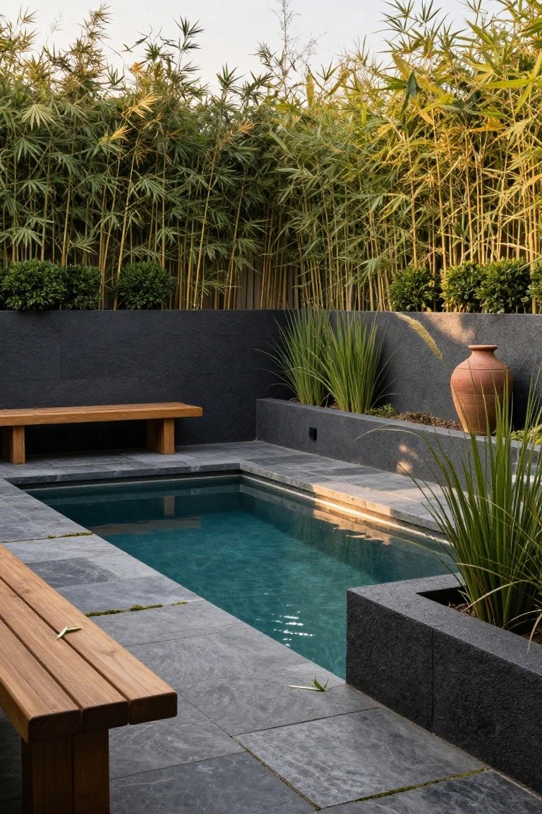 Narrow inground pool with turquoise water and dark slate tile surround, wooden bench along one edge, black walls with ornamental grasses and terracotta pot, tall bamboo screening in background.