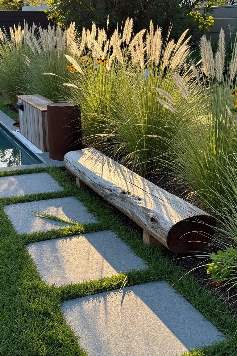 Inground pool in a backyard surrounded by tall pampas grass, black-eyed Susan flowers, a rustic log bench, a rusted metal drum, and gray stone stepping stones set in grass.