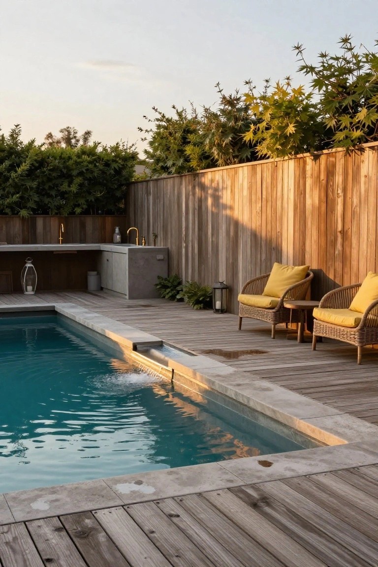 Inground pool with turquoise water and stone edge surrounded by light wooden decking, featuring a concrete outdoor kitchen counter with gold faucet, two rattan chairs with yellow cushions, lanterns, wooden fence, and green plants.