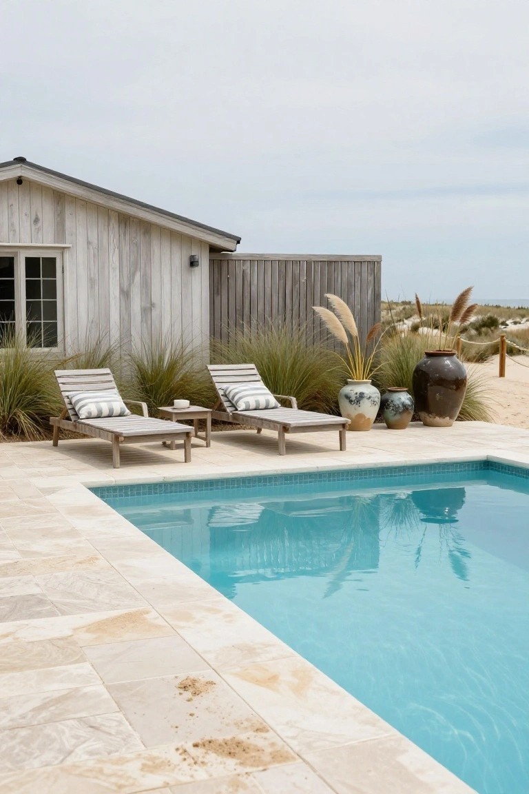 Inground pool with light blue water bordered by beige stone tiles, two adjacent wooden loungers with white striped cushions and pillows, a small wooden side table, large ceramic pots, tall pampas grass, and a weathered shiplap house wall in the background.