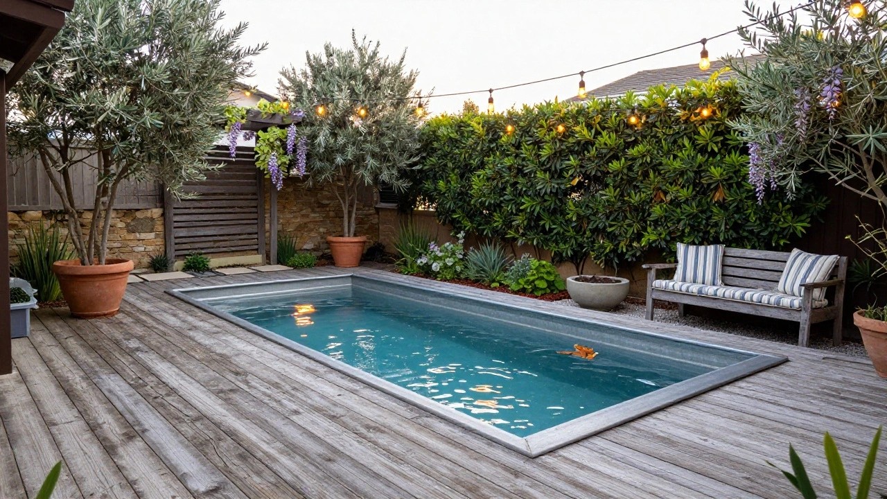 Small rectangular turquoise pool on wooden deck beside cushioned wooden bench, with stone wall, olive tree, potted plants, wisteria pergola, and gravel path in backyard courtyard.