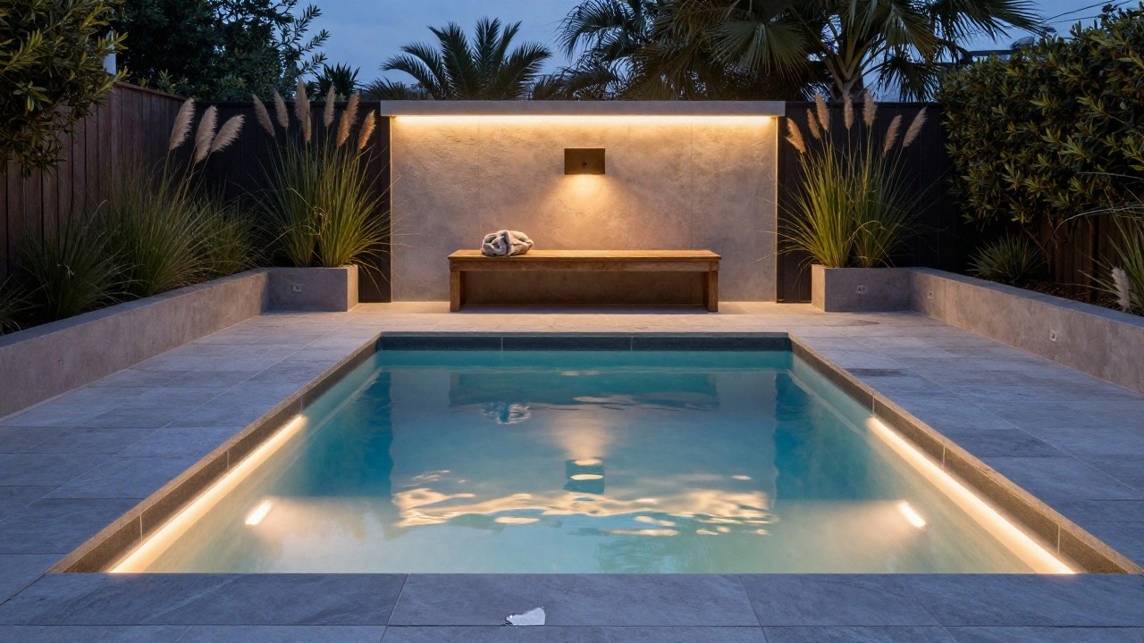 Gray stone steps with under-tread LED strip lights glowing warmly, leading down to a turquoise pool edged in black stone, with pampas grass and a wooden bench in the background.