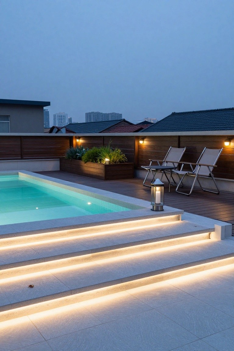 Rooftop deck at dusk featuring an infinity-edge pool with white stone steps lit from below by LED strips, wooden decking, lounge chairs, potted plants, lanterns, and city skyline in the background.