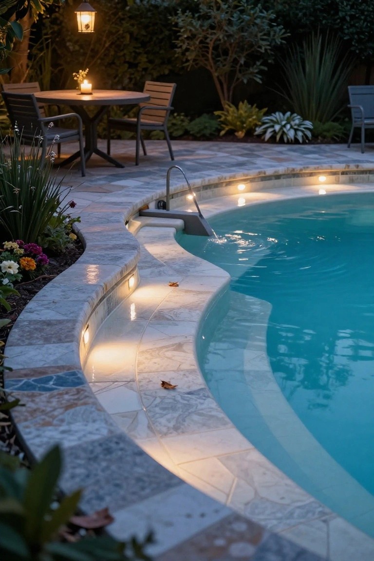 Curved pool edge at night with recessed LED lights under the stone coping illuminating the steps and turquoise water, nearby outdoor table with candle and chairs, plants and lantern in a garden setting.