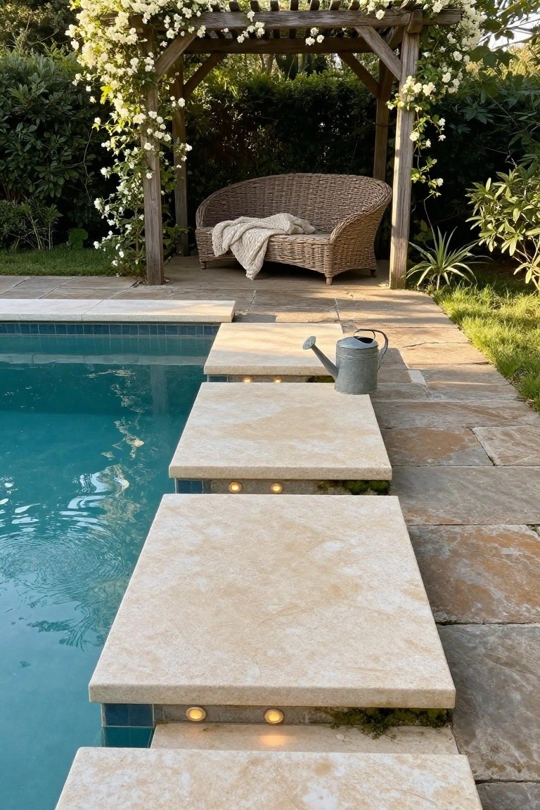 Beige travertine steps descending into a turquoise pool with small recessed LED lights along the edges, a metal watering can placed nearby, and surrounding landscaping with a pergola and wicker chair in the background.
