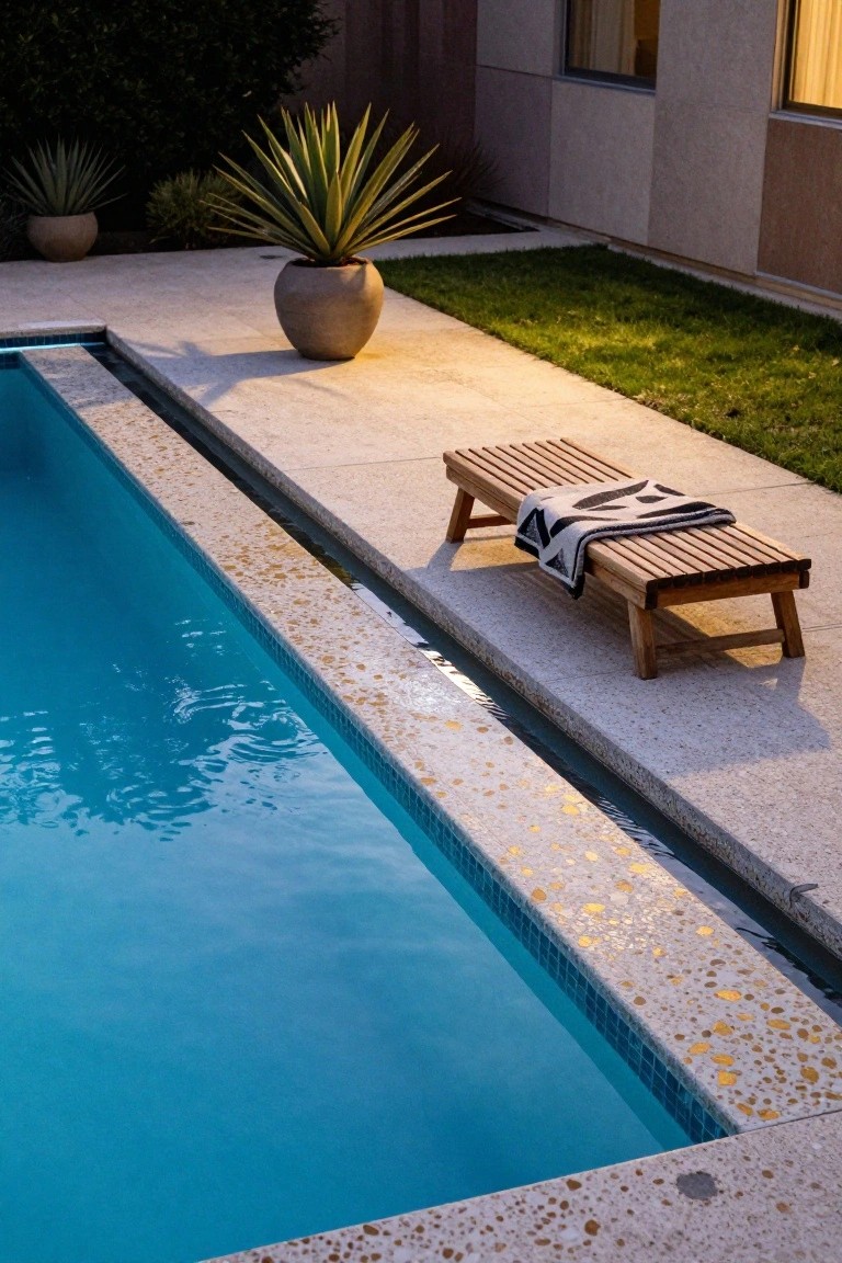 Modern pool with blue tiled water, terrazzo coping featuring gold metallic flecks along the edge, wooden lounge chair draped with a towel on adjacent deck, potted agave plants, grass, and contemporary house wall in the background at golden hour.