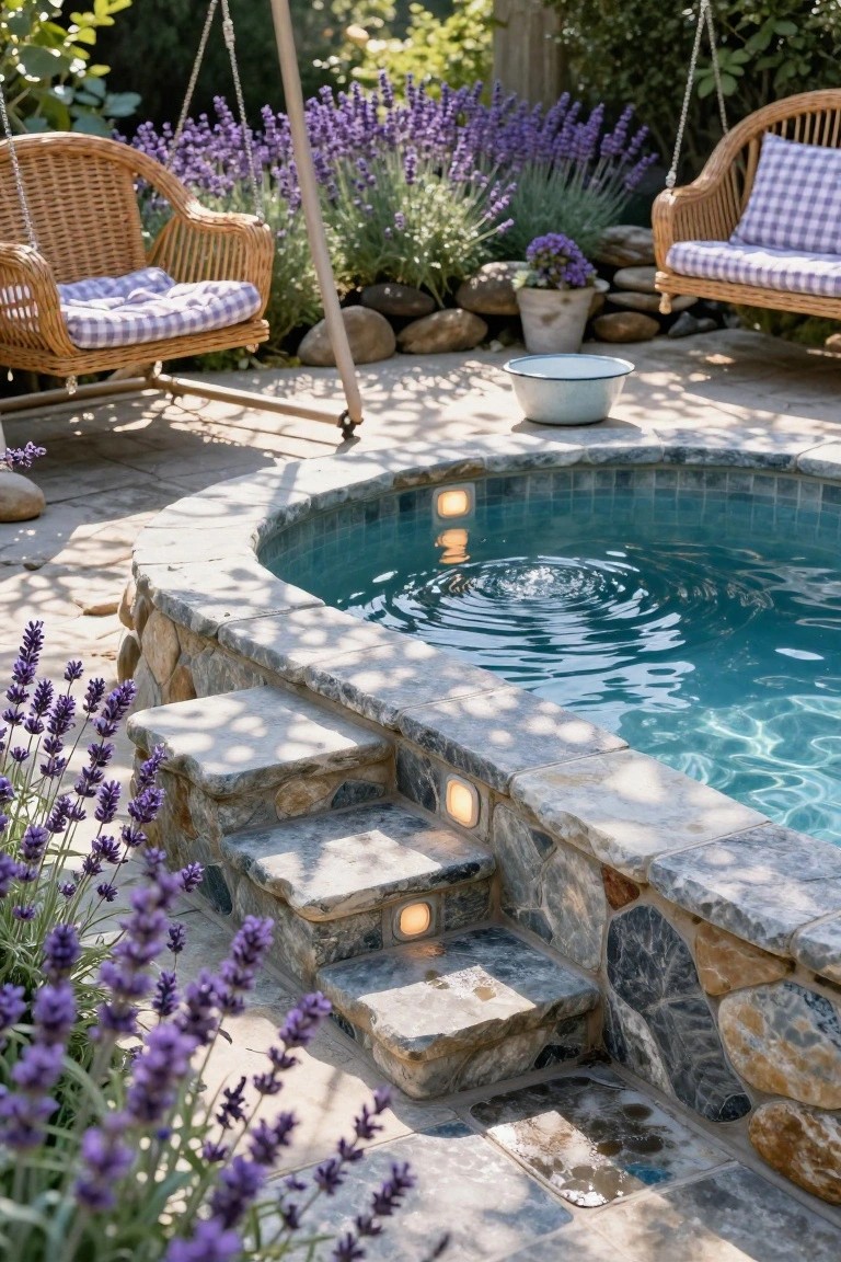 Curved stone pool edged with teal tiles and steps containing recessed lights, surrounded by lavender plants, rocks, and nearby wicker swings on a paved patio.