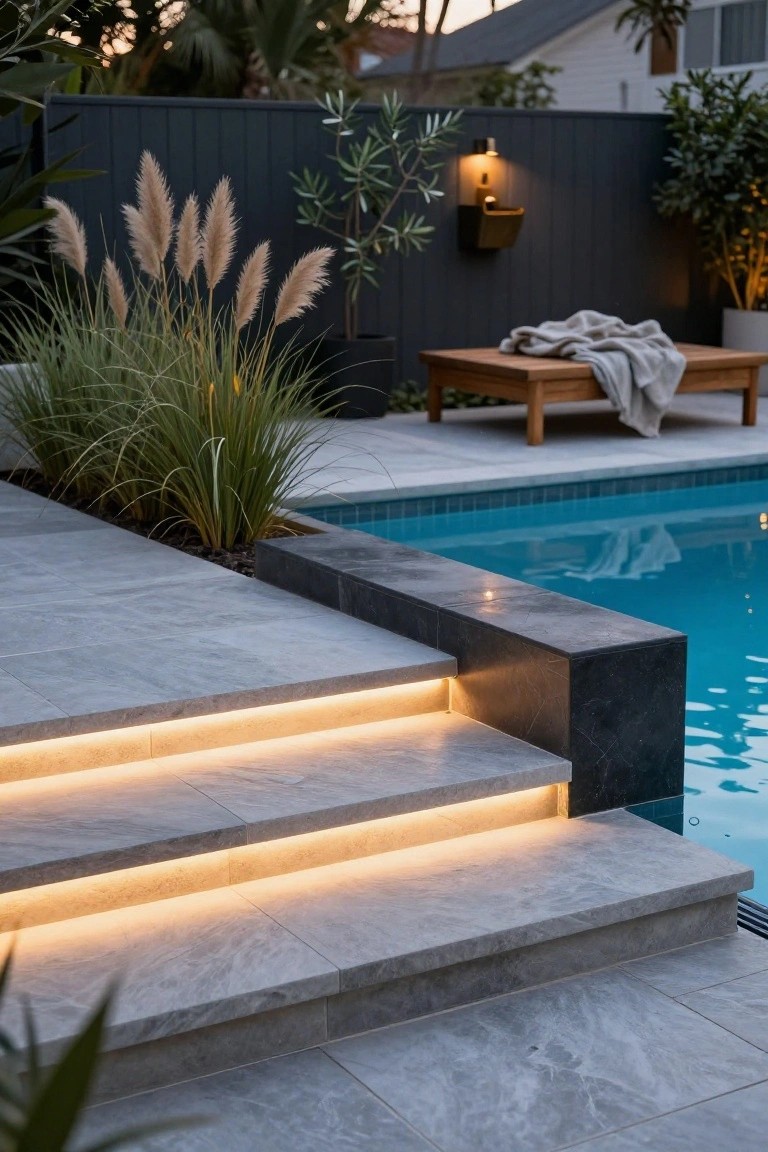 Gray stone steps with under-tread LED strip lights glowing warmly, leading down to a turquoise pool edged in black stone, with pampas grass and a wooden bench in the background.