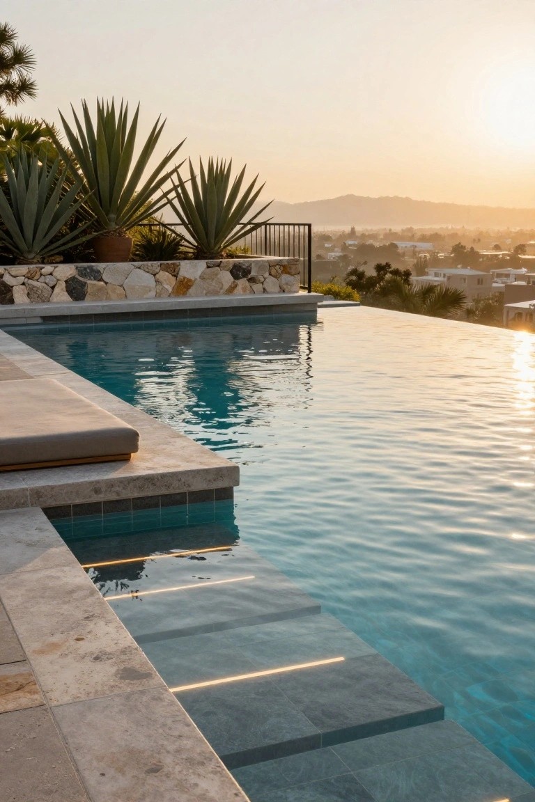 Close view of infinity pool steps made of gray stone with thin recessed LED lights glowing along the edges, blue pool water nearby, stone coping, and potted agave plants in the background at sunset.