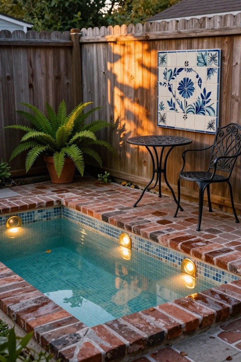 Small turquoise mosaic-tiled pool with three glowing wall-mounted underwater lights, brick edging, nearby black metal table and chair, potted fern, wooden fence with blue decorative tile artwork, in a backyard at dusk.