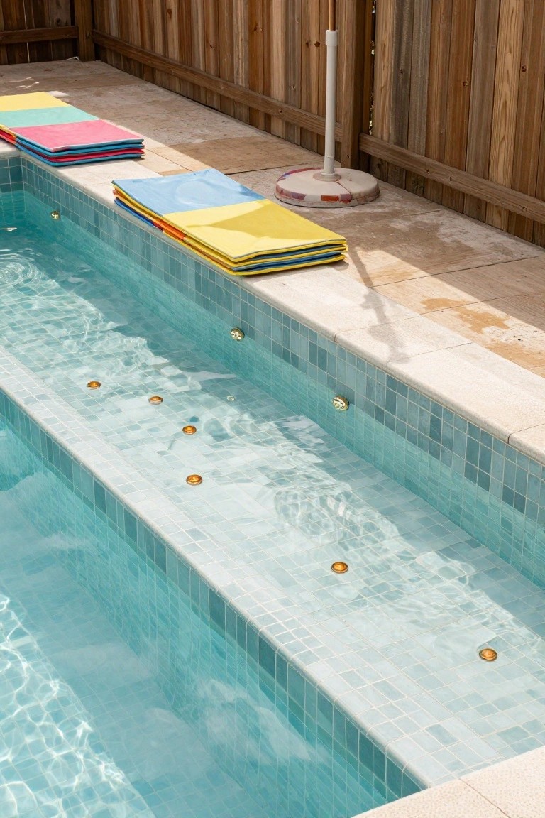 Close-up of a narrow turquoise mosaic-tiled pool with gold recessed lights embedded along the steps, colorful stacked towels on the edge, umbrella base nearby, and wooden fence backdrop.
