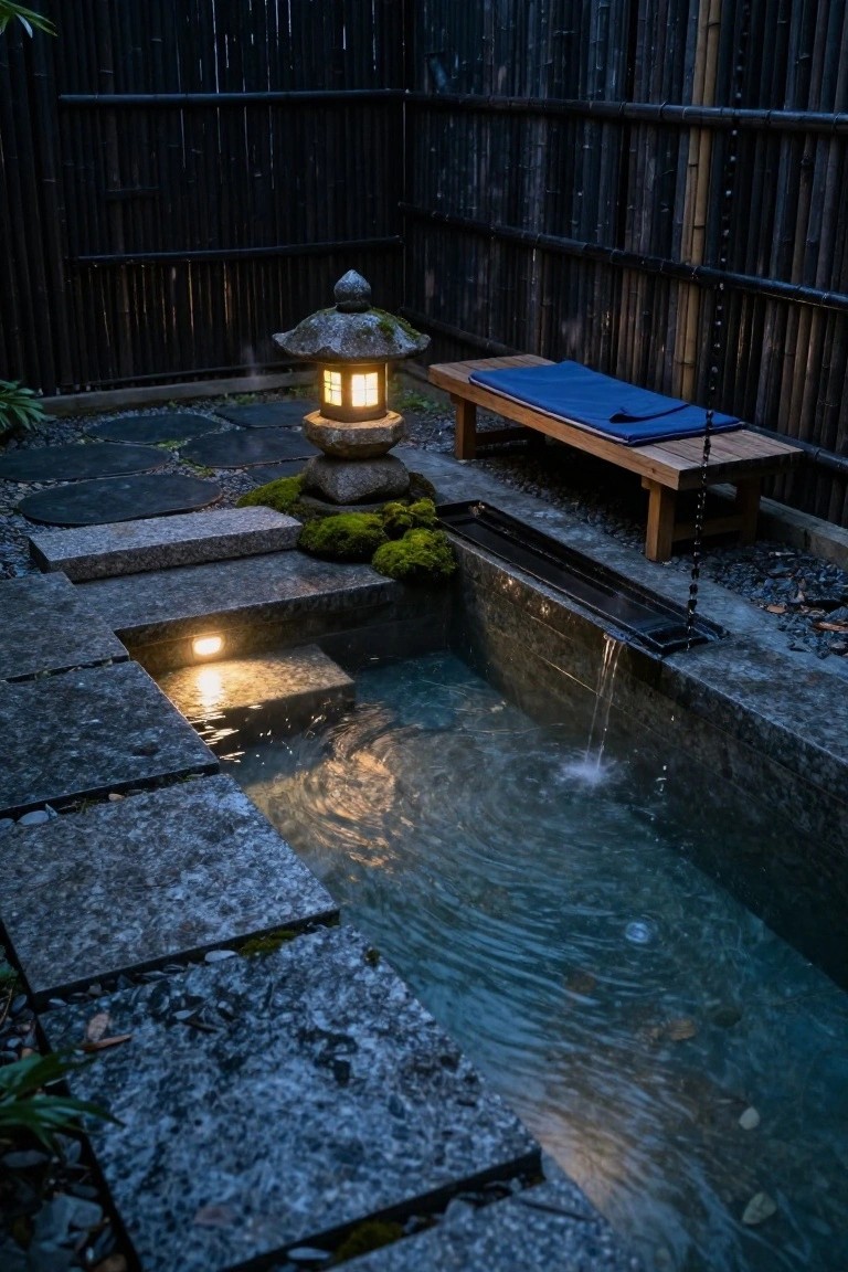 Small rectangular outdoor pool with stone steps and surround, subtle built-in light glowing on the water edge, wooden bench with blue cushion, stone lantern, mossy rocks, and dark bamboo fence at dusk.