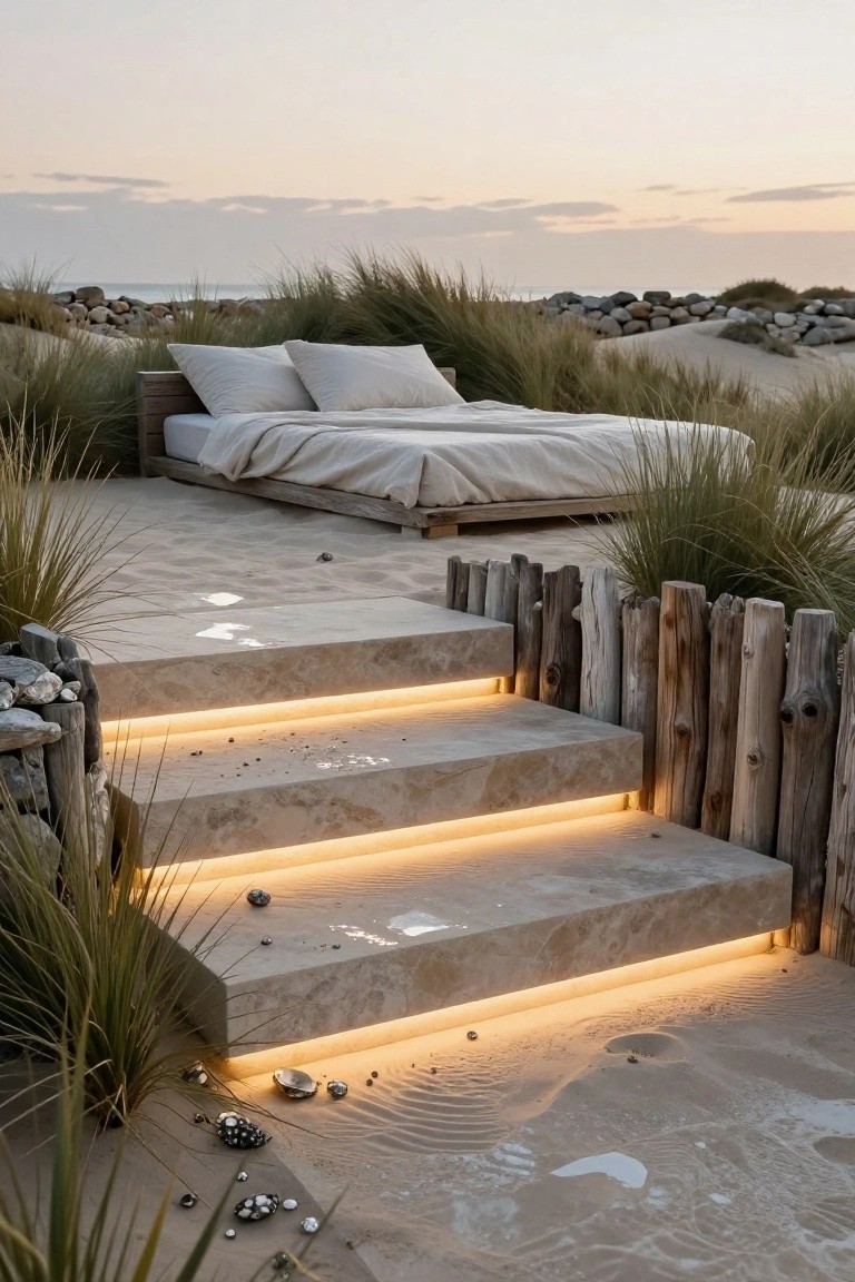 Stone steps with warm LED strips glowing underneath each tread, set amid sand, dune grass, pebbles, shells, and driftwood fencing in a beachside outdoor area at dusk.