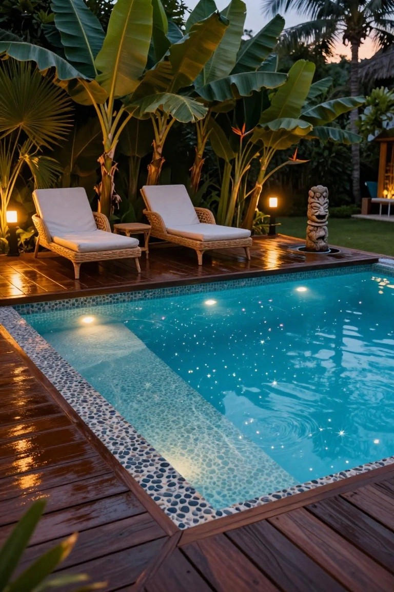 Wooden deck adjacent to a rectangular pool with blue tiles and underwater lights illuminating the entry steps, tropical plants and lounge chairs nearby at dusk.