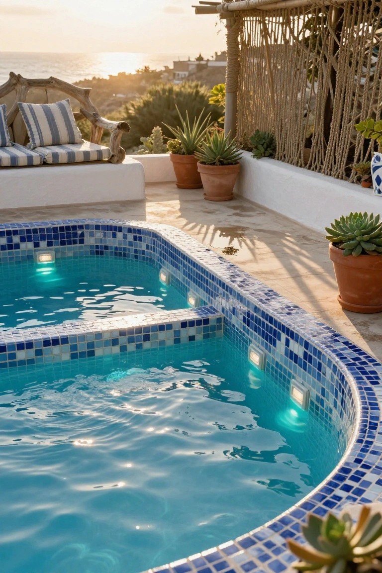 Curved pool with blue mosaic tiles and underwater lights illuminating the steps, on a white terrace with potted succulents, driftwood bench with cushions, rope privacy screen, and sunset ocean view.
