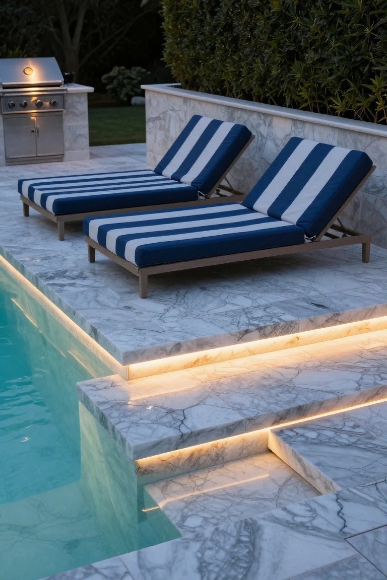 Marble pool deck with two blue-and-white striped lounge chairs positioned near lit pool steps featuring LED edge lighting, a stainless steel BBQ grill nearby, and greenery in the background at dusk.