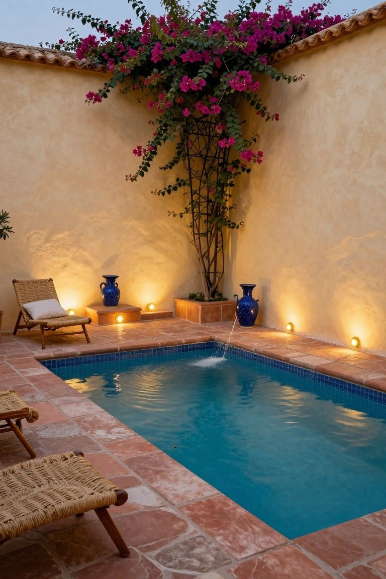 Small rectangular blue-tiled pool in a beige stucco courtyard corner with pink bougainvillea vines on walls, blue ceramic vases, potted plants, wicker chairs on terracotta tiles, and recessed yellow wall lights at dusk.