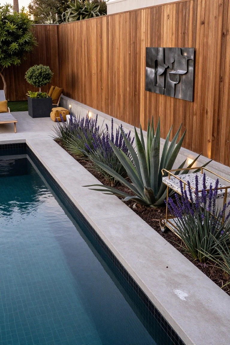 Pool edge with concrete coping lined by agave plants and lavender in a planting bed, backed by a wooden fence, gold bar cart nearby, and distant palm trees.
