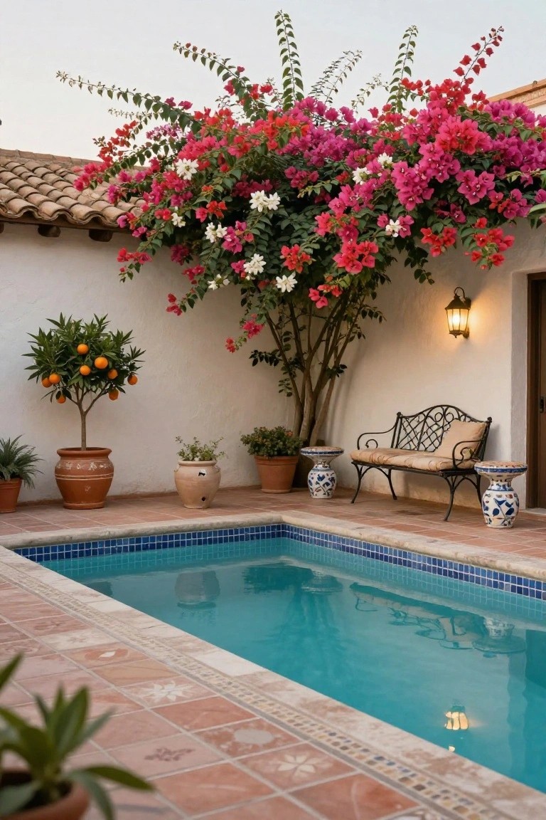 Small turquoise-tiled pool edged in terracotta with a white stucco wall draped in pink and white bougainvillea, potted orange tree, wrought-iron bench with cushions, and blue-and-white ceramic pots nearby.