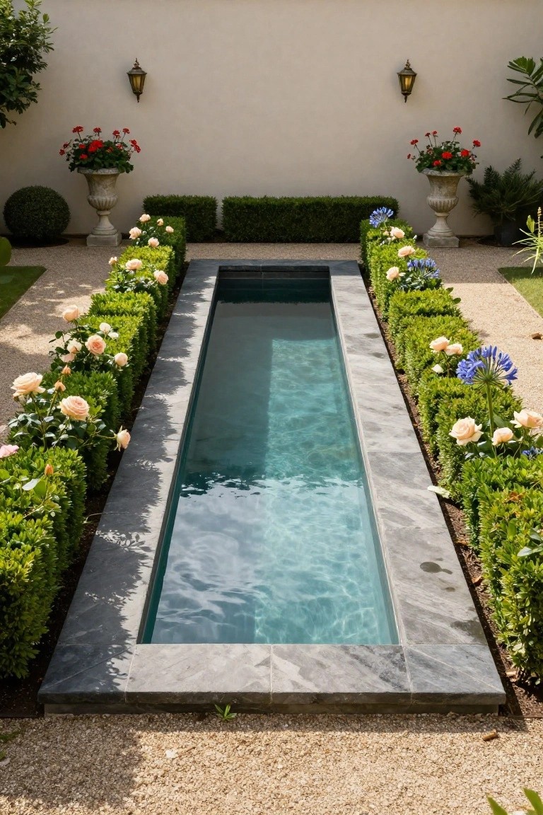 A narrow rectangular pool with gray slate edges, lined on both sides by trimmed green boxwood hedges interspersed with pink roses and blue agapanthus flowers, in a gravel garden against a white wall.