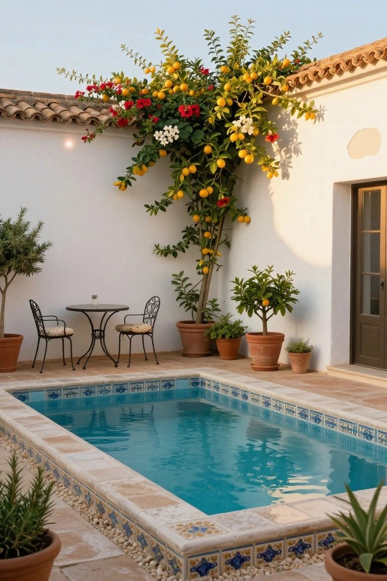 Small rectangular pool with blue and white tiles in a white-walled outdoor courtyard, climbing vine with yellow lemons, white flowers, and red blooms on the wall above, potted citrus trees and olive tree nearby, and black metal bistro table with two chairs beside the pool.