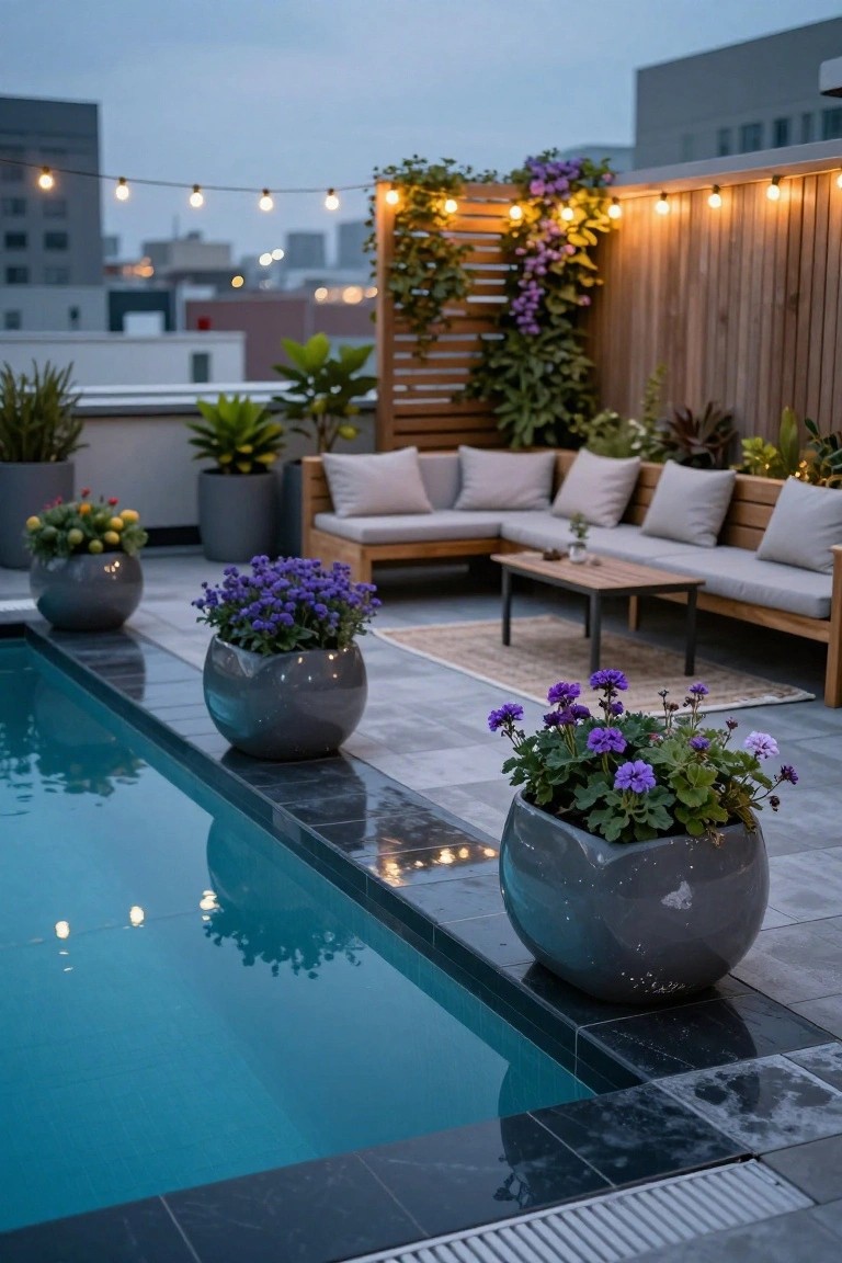 Rooftop pool with large gray ceramic pots of purple flowers along the edge, L-shaped wooden sofa with gray cushions and low table nearby, wooden screen with climbing vines and string lights, urban buildings in background at dusk.