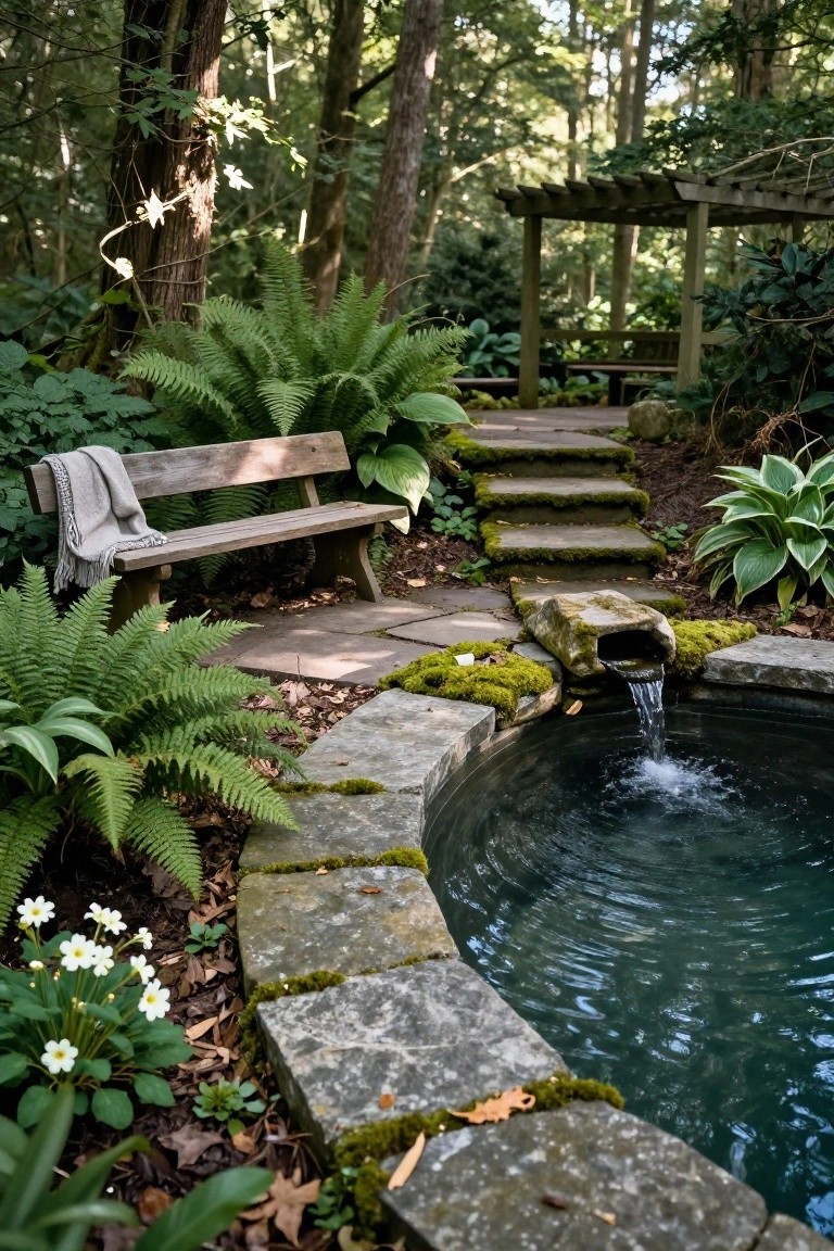 Circular stone pool with mossy edging and a fountain pouring water, surrounded by ferns, hostas, white flowers, stone steps, and a wooden bench with gray blanket in a wooded garden.