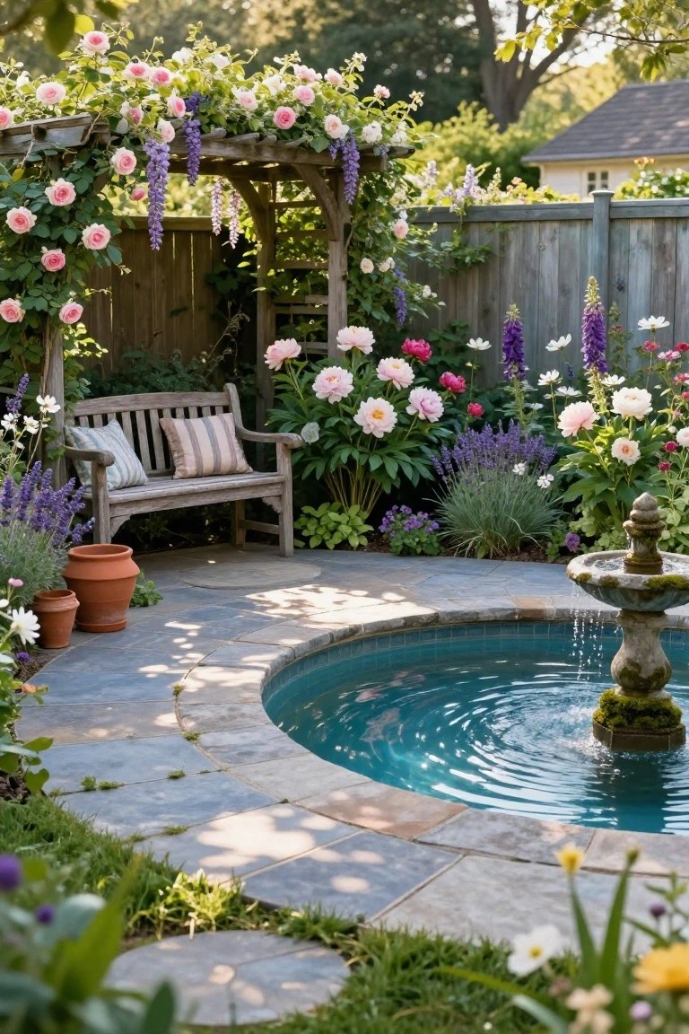 Wooden pergola overgrown with pink climbing roses and purple wisteria arches over a bench next to a small turquoise pool with a central stone fountain, surrounded by flower beds of peonies, lavender, and other perennials on a slate patio.