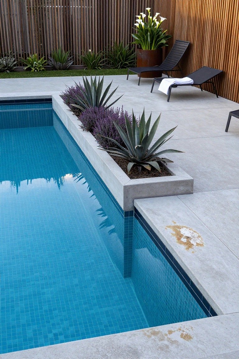 A rectangular pool with a concrete raised planter box along one long edge containing agave plants and lavender, next to a light gray tiled deck with two black loungers, wooden slat fence, and potted calla lilies in the background.